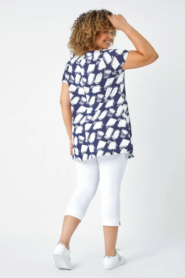 Women Navy Curve Geometric Print Stretch Bardot Top Roman Tops