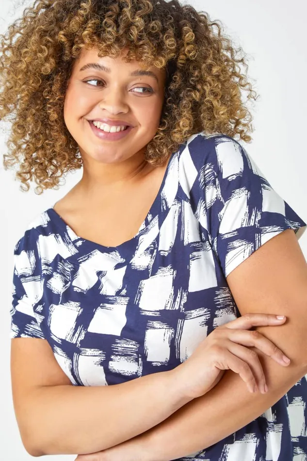 Women Navy Curve Geometric Print Stretch Bardot Top Roman Tops