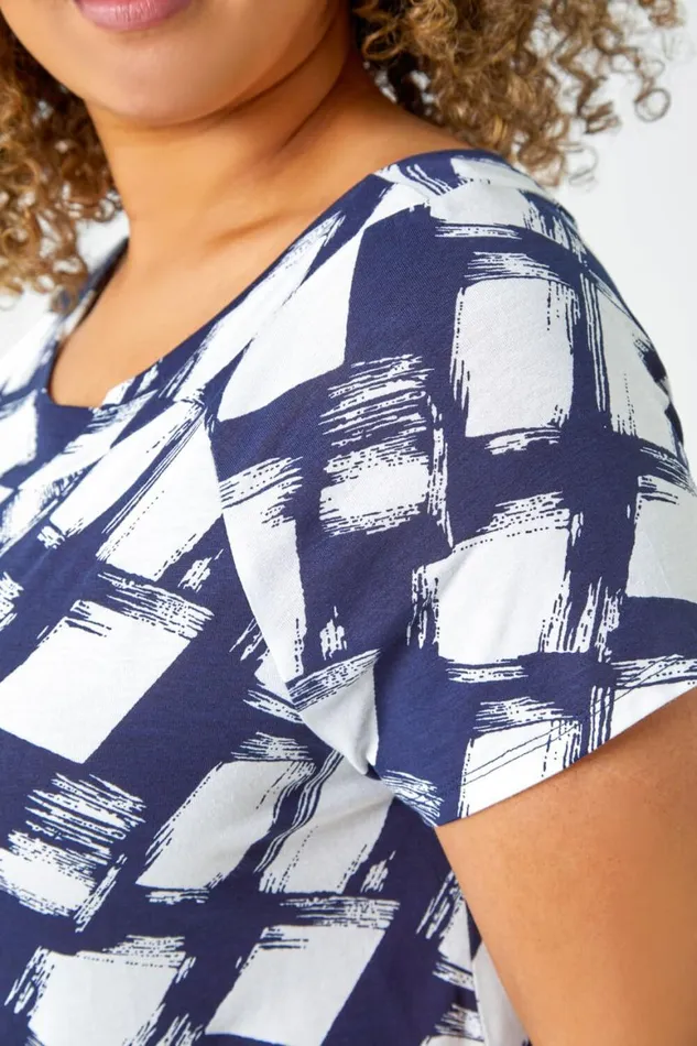 Women Navy Curve Geometric Print Stretch Bardot Top Roman Tops