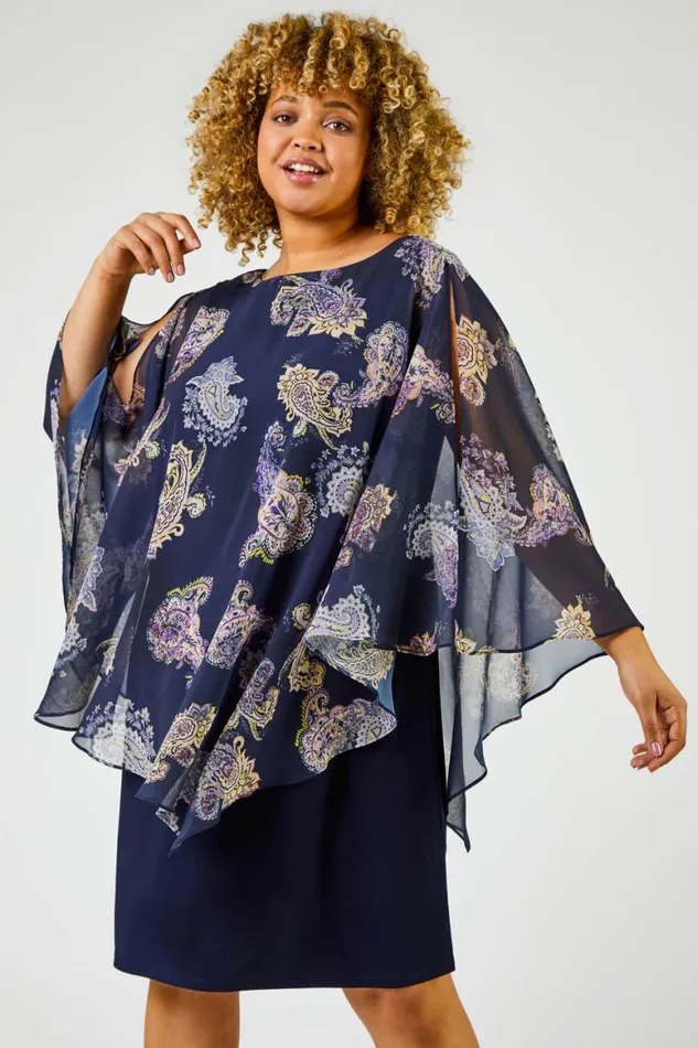 Women Navy Curve Paisley Print Chiffon Overlay Dress Roman Dresses