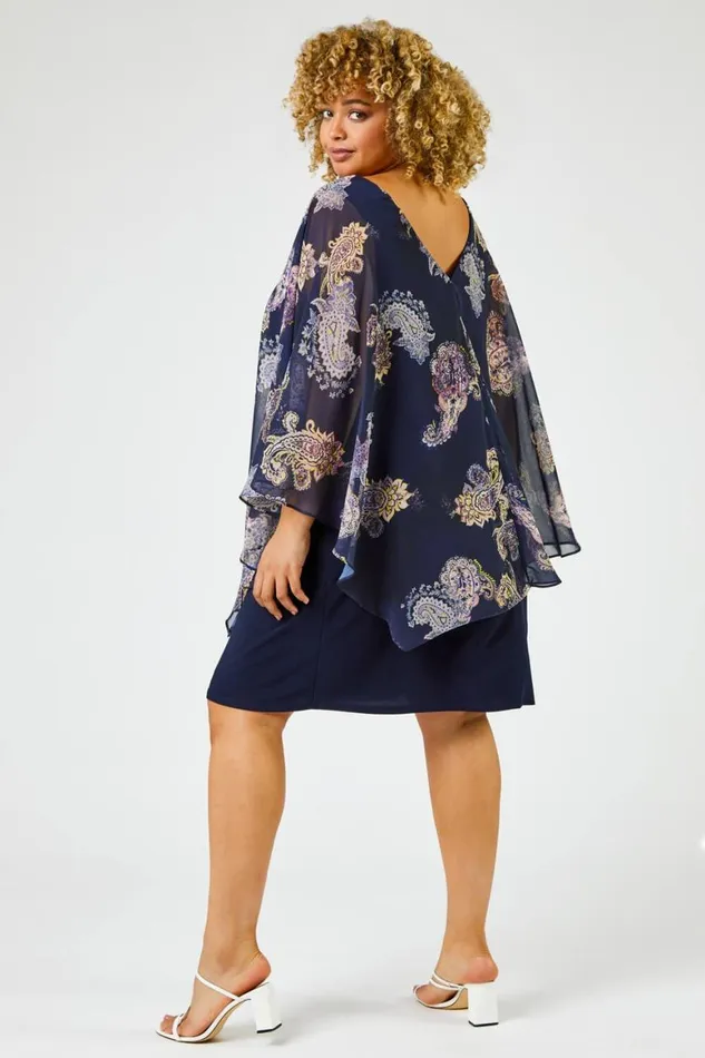Women Navy Curve Paisley Print Chiffon Overlay Dress Roman Dresses