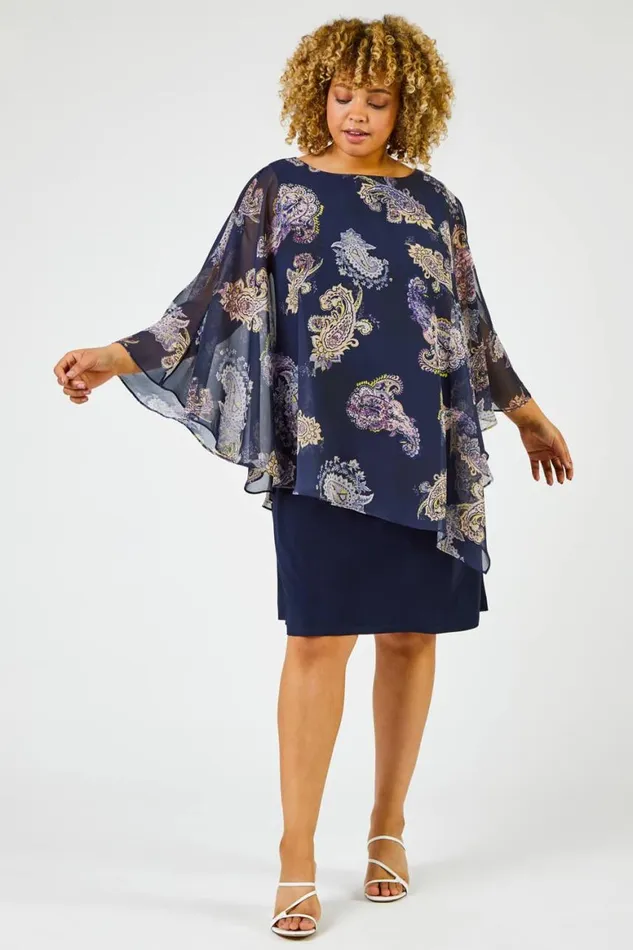 Women Navy Curve Paisley Print Chiffon Overlay Dress Roman Dresses