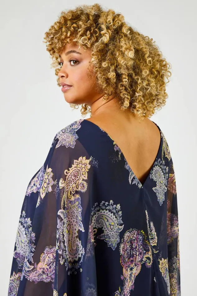 Women Navy Curve Paisley Print Chiffon Overlay Dress Roman Dresses