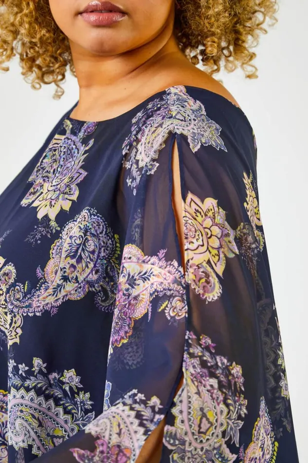 Women Navy Curve Paisley Print Chiffon Overlay Dress Roman Dresses