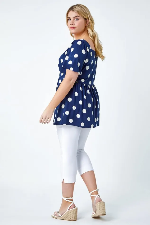 Women Navy Curve Polka Dot Peplum VNeck Stretch Top Roman Tops