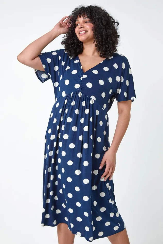 Women Navy Curve Ruched Front Polka Dot Dress Roman Dresses