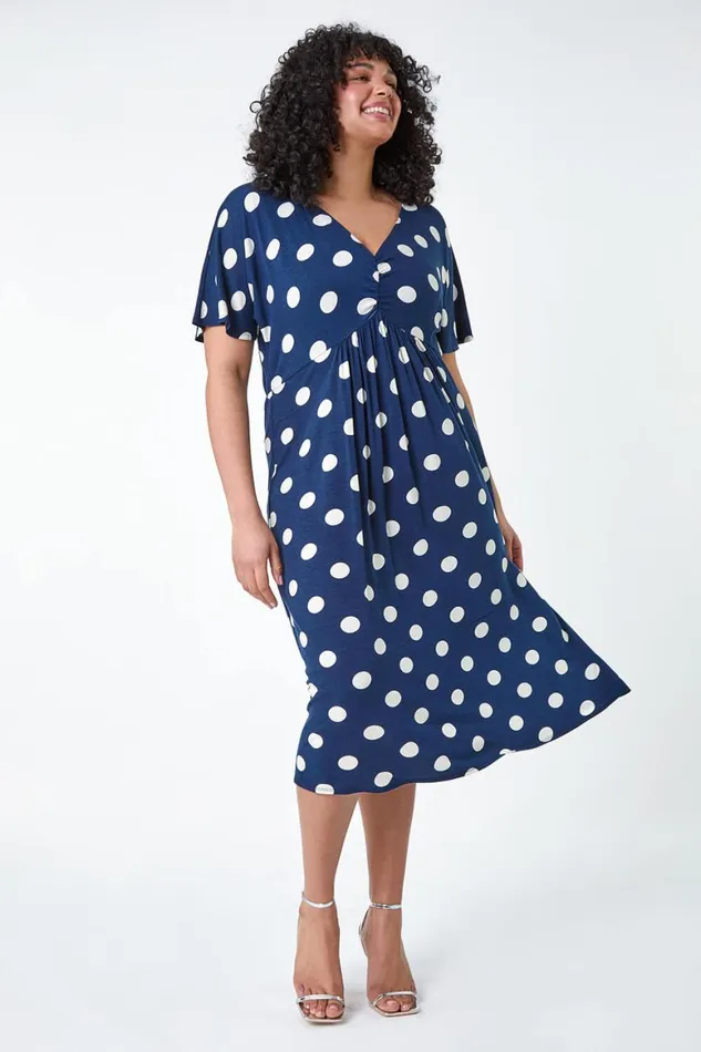 Women Navy Curve Ruched Front Polka Dot Dress Roman Dresses