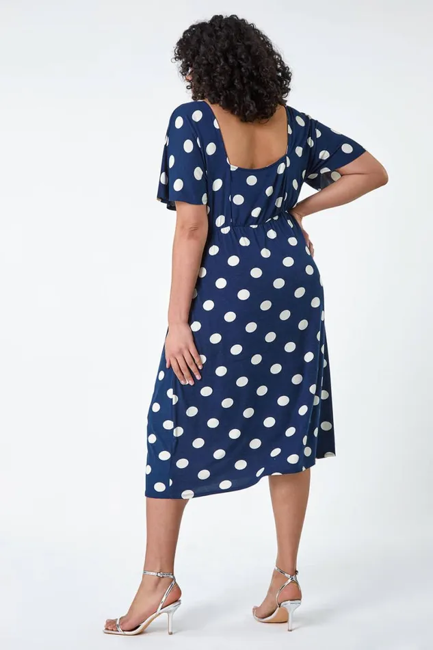 Women Navy Curve Ruched Front Polka Dot Dress Roman Dresses