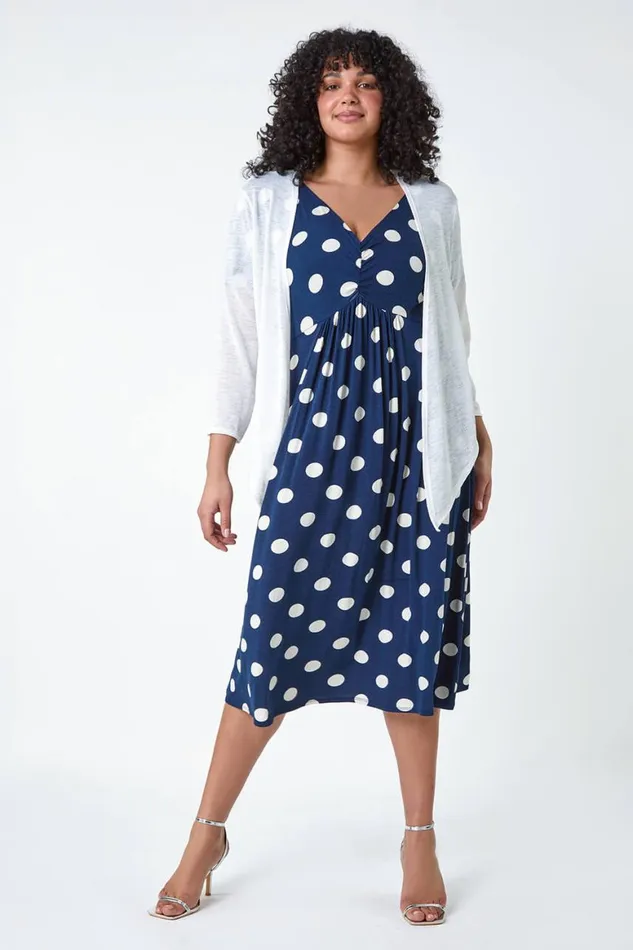 Women Navy Curve Ruched Front Polka Dot Dress Roman Dresses