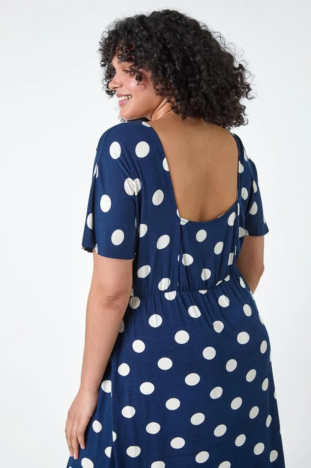 Women Navy Curve Ruched Front Polka Dot Dress Roman Dresses