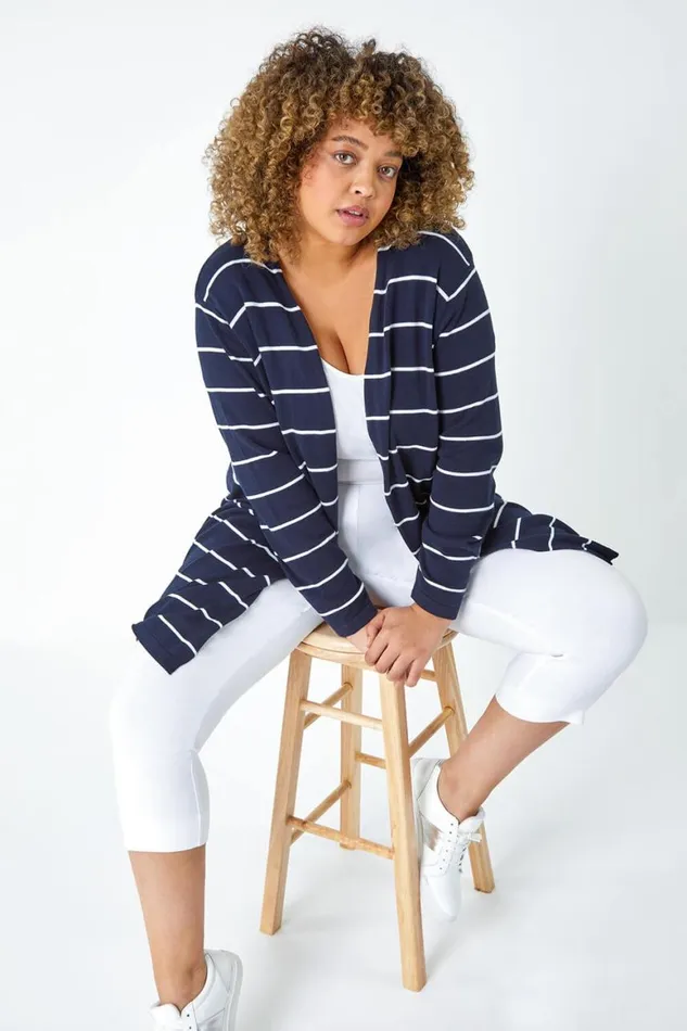 Women Navy Curve Stripe Cotton Blend Longline Cardigan Roman Knitwear