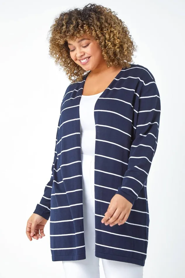 Women Navy Curve Stripe Cotton Blend Longline Cardigan Roman Knitwear