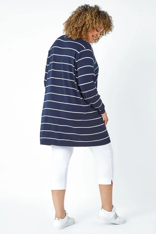 Women Navy Curve Stripe Cotton Blend Longline Cardigan Roman Knitwear