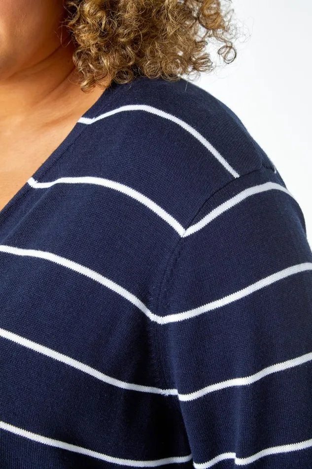 Women Navy Curve Stripe Cotton Blend Longline Cardigan Roman Knitwear