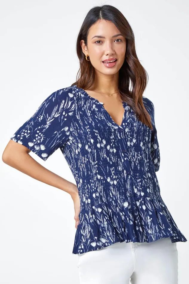 Women Navy Ditsy Print Crinkle Button Blouse Roman Tops