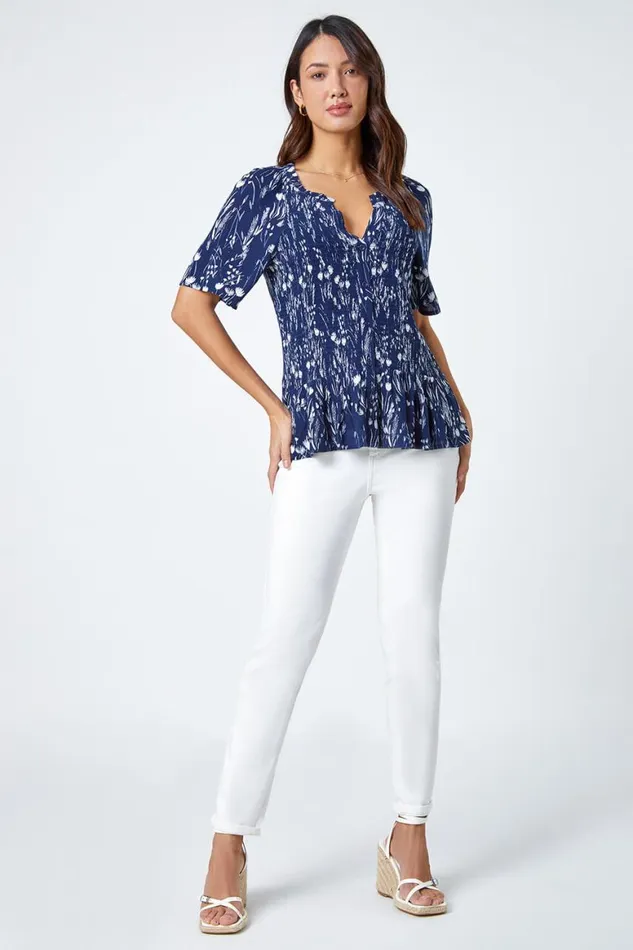 Women Navy Ditsy Print Crinkle Button Blouse Roman Tops