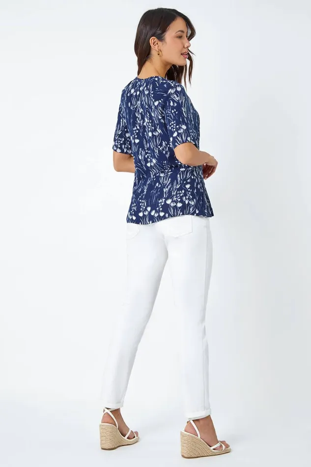 Women Navy Ditsy Print Crinkle Button Blouse Roman Tops