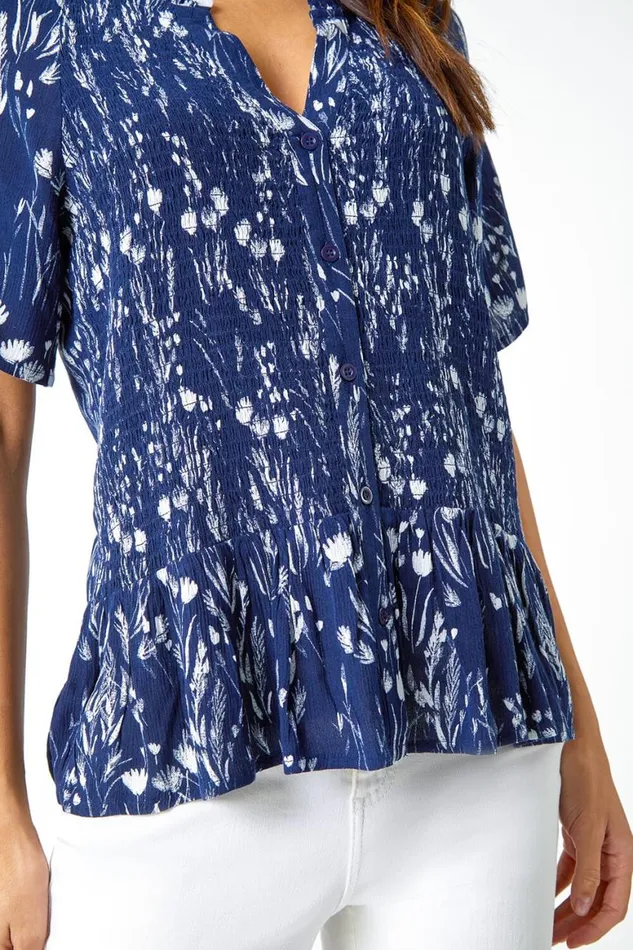 Women Navy Ditsy Print Crinkle Button Blouse Roman Tops