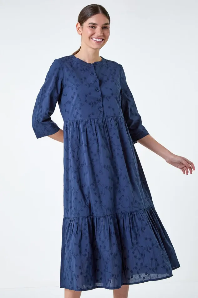 Women Navy Embroidered Tiered Cotton Midi Dress Roman Dresses