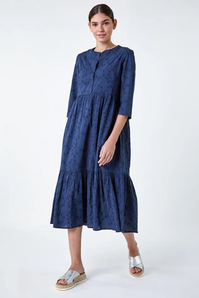 Women Navy Embroidered Tiered Cotton Midi Dress Roman Dresses
