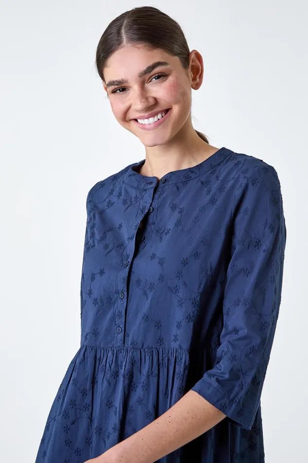 Women Navy Embroidered Tiered Cotton Midi Dress Roman Dresses