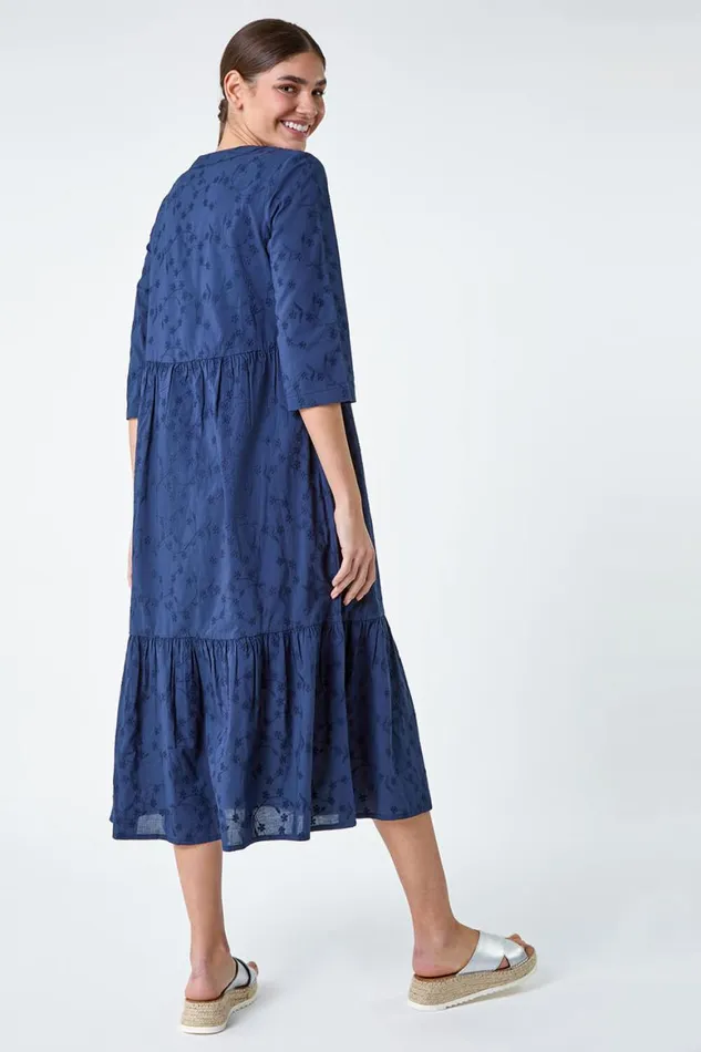 Women Navy Embroidered Tiered Cotton Midi Dress Roman Dresses