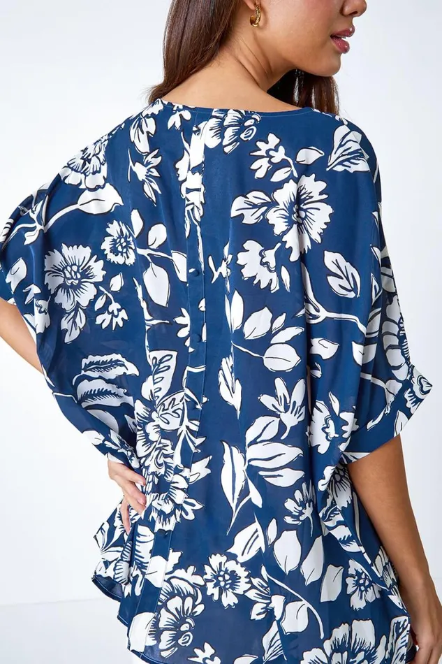 Women Navy Floral Print Button Back Top Roman Tops