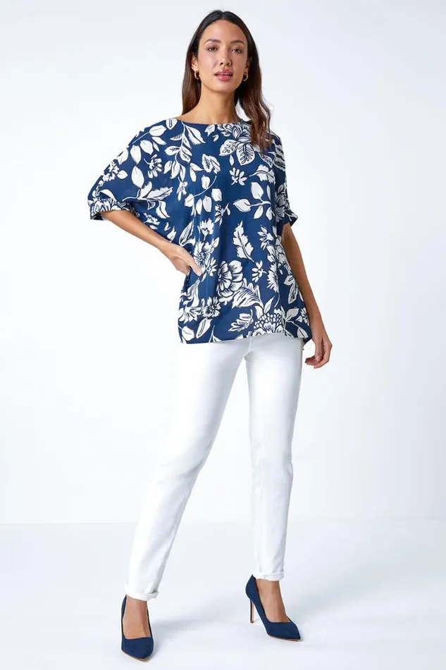 Women Navy Floral Print Button Back Top Roman Tops
