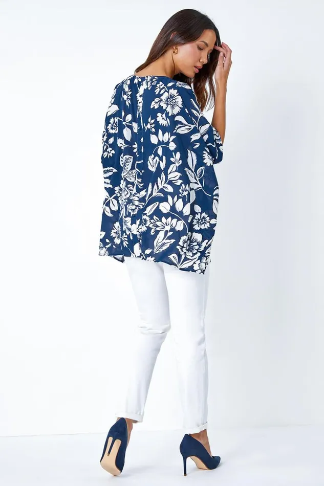 Women Navy Floral Print Button Back Top Roman Tops