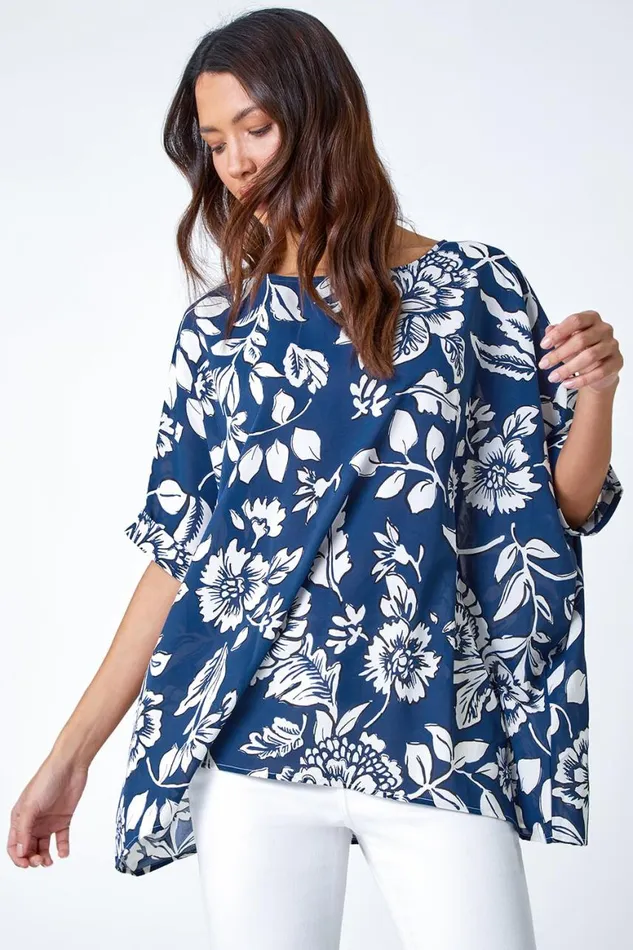 Women Navy Floral Print Button Back Top Roman Tops