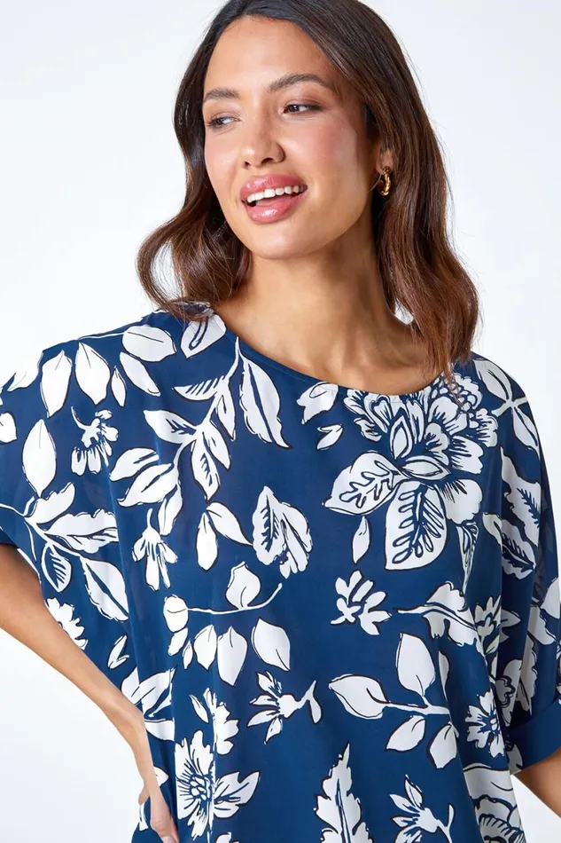 Women Navy Floral Print Button Back Top Roman Tops