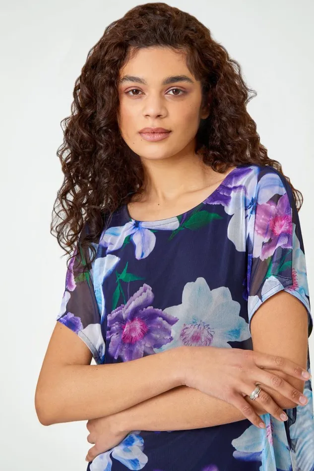 Women Navy Floral Print Mesh Chiffon Overlay Top Roman Tops