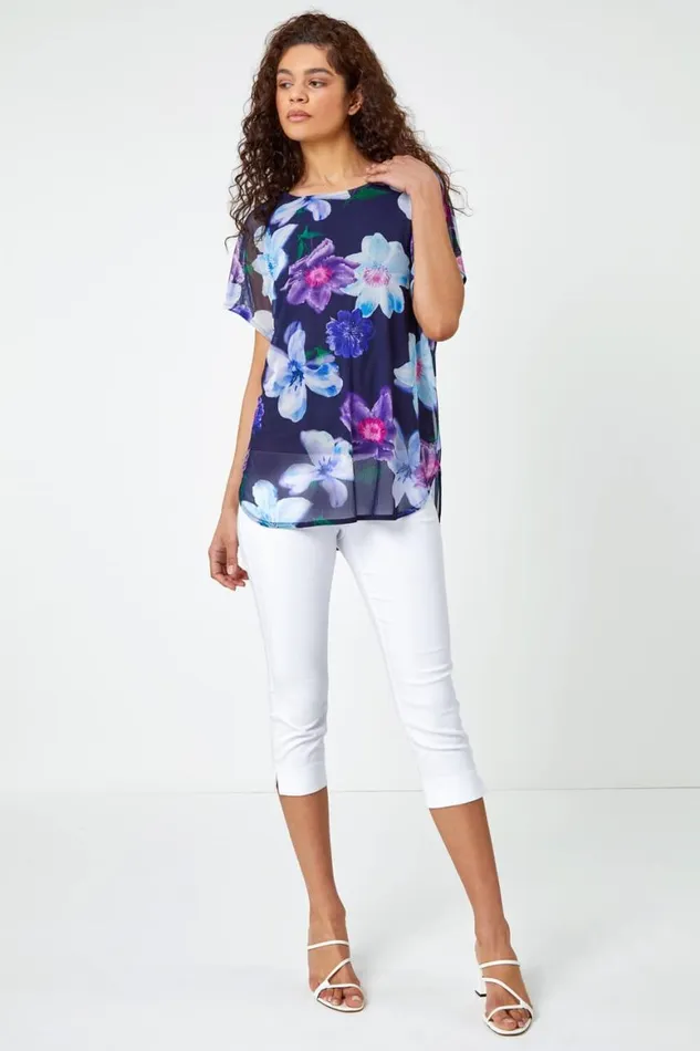 Women Navy Floral Print Mesh Chiffon Overlay Top Roman Tops