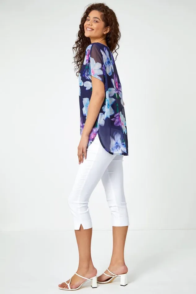 Women Navy Floral Print Mesh Chiffon Overlay Top Roman Tops