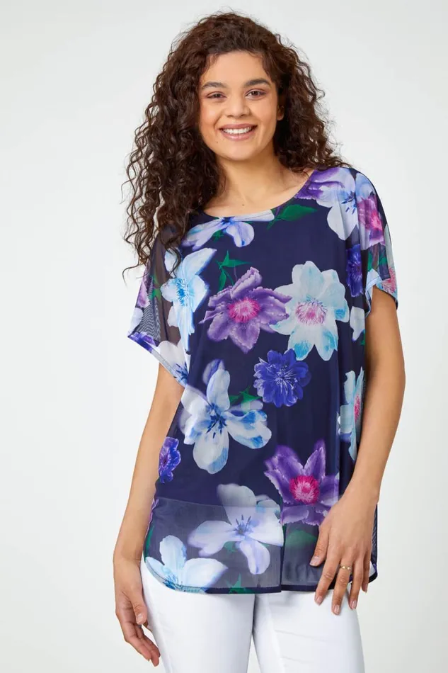 Women Navy Floral Print Mesh Chiffon Overlay Top Roman Tops