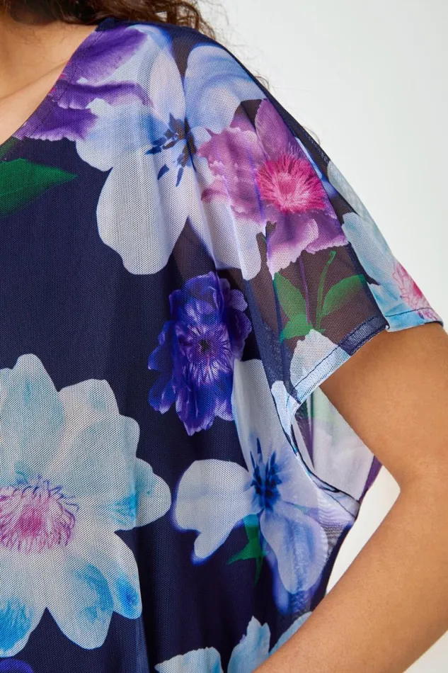 Women Navy Floral Print Mesh Chiffon Overlay Top Roman Tops