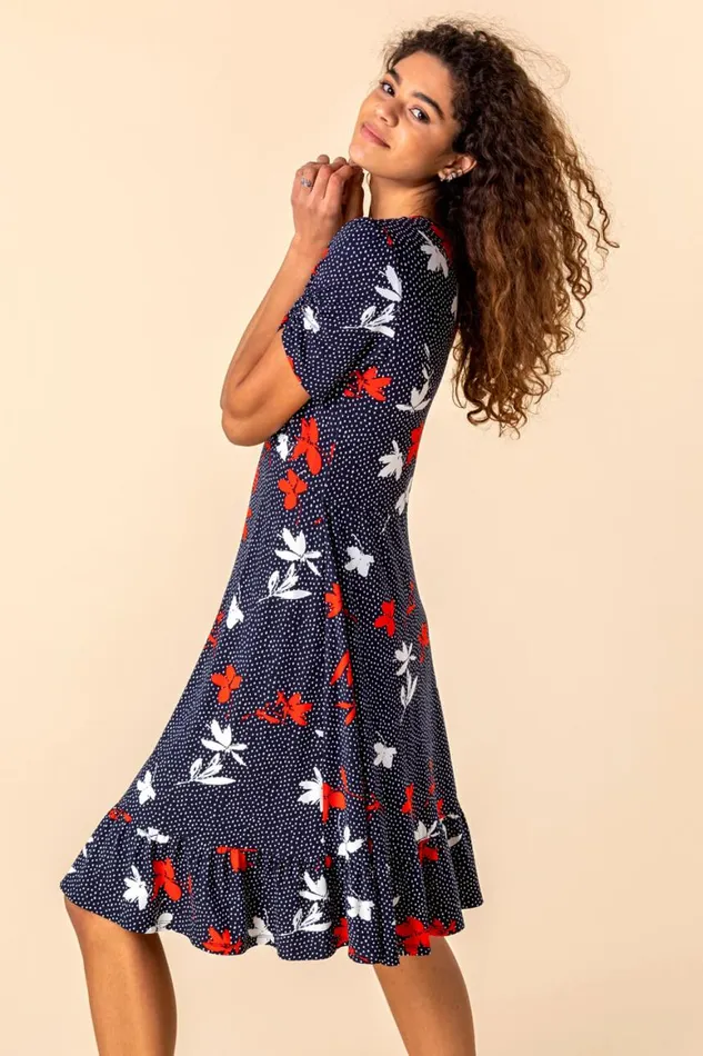 Women Navy Floral Spot Print Frill Stretch Dress Roman Dresses