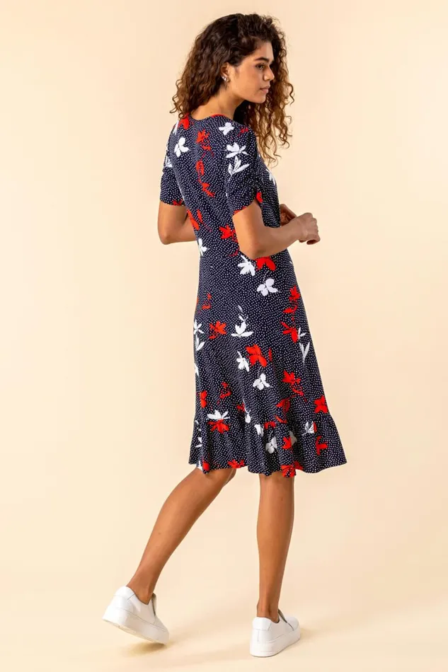 Women Navy Floral Spot Print Frill Stretch Dress Roman Dresses