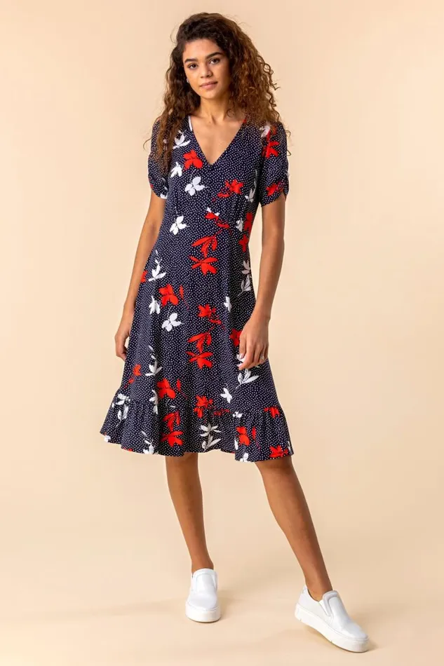 Women Navy Floral Spot Print Frill Stretch Dress Roman Dresses