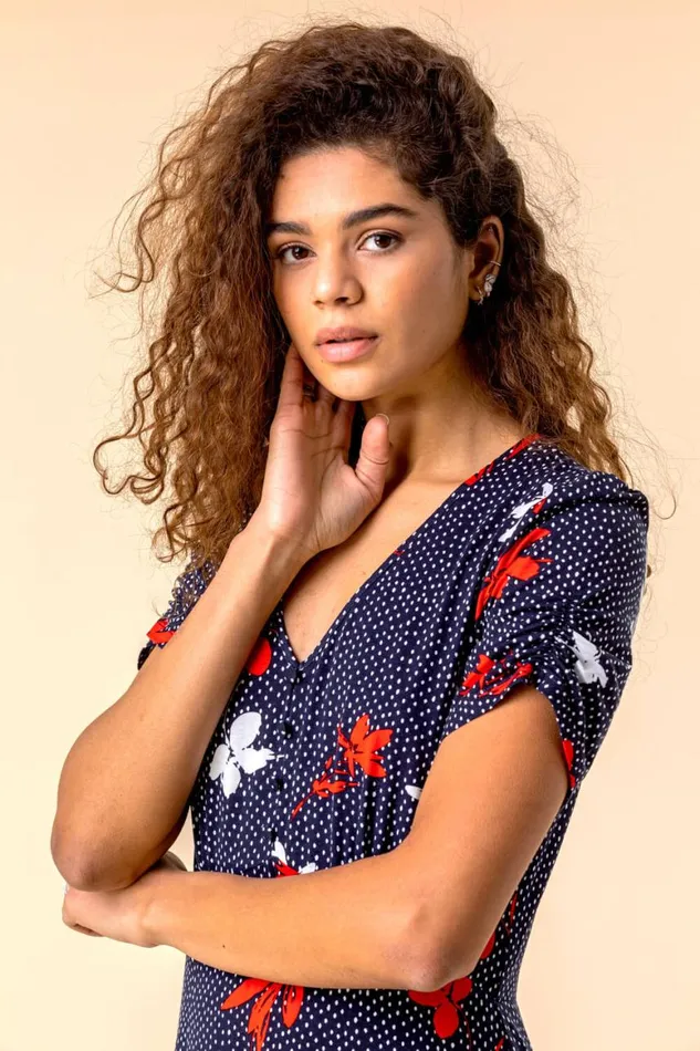 Women Navy Floral Spot Print Frill Stretch Dress Roman Dresses