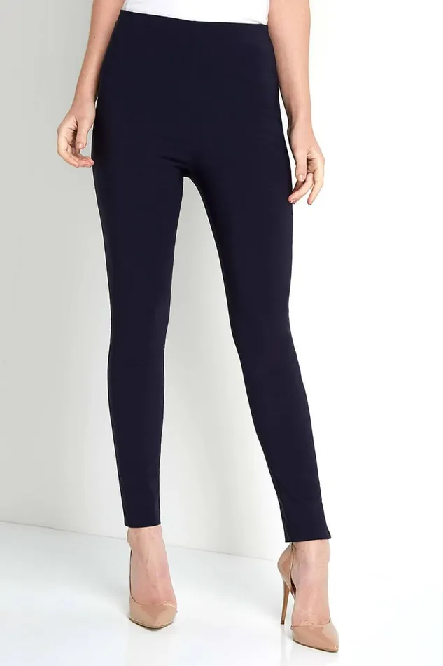 Women Navy Full Length Elastic Waist Stretch Trousers Roman Trousers