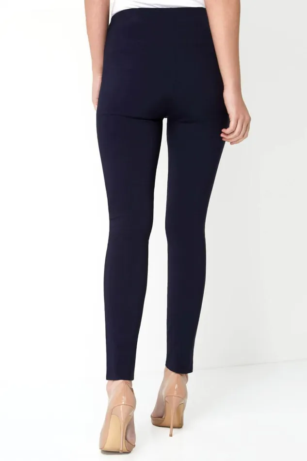 Women Navy Full Length Elastic Waist Stretch Trousers Roman Trousers
