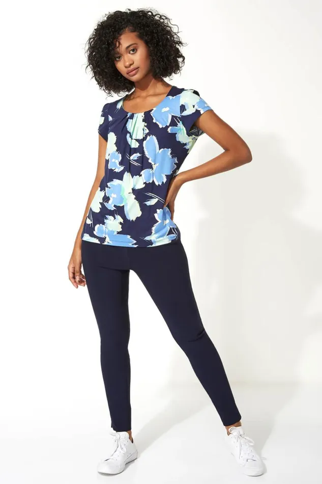 Women Navy Full Length Elastic Waist Stretch Trousers Roman Trousers