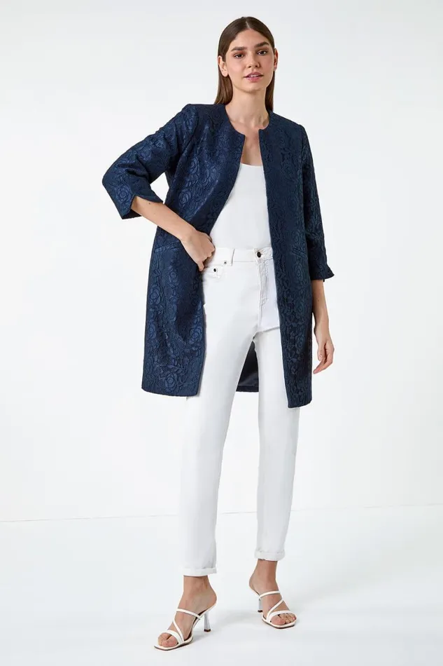 Women Navy Lace Longline Formal Jacket Roman Jackets