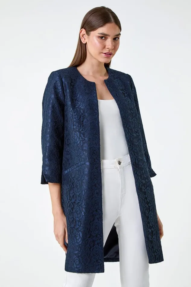 Women Navy Lace Longline Formal Jacket Roman Jackets