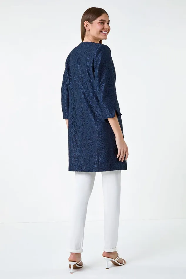 Women Navy Lace Longline Formal Jacket Roman Jackets