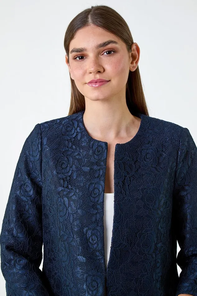 Women Navy Lace Longline Formal Jacket Roman Jackets