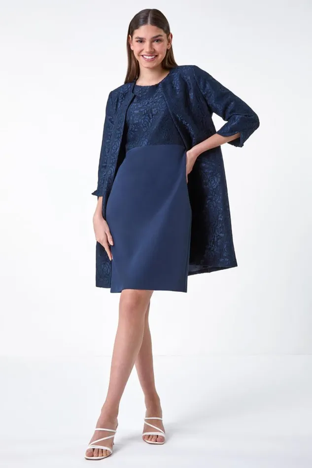Women Navy Lace Longline Formal Jacket Roman Jackets