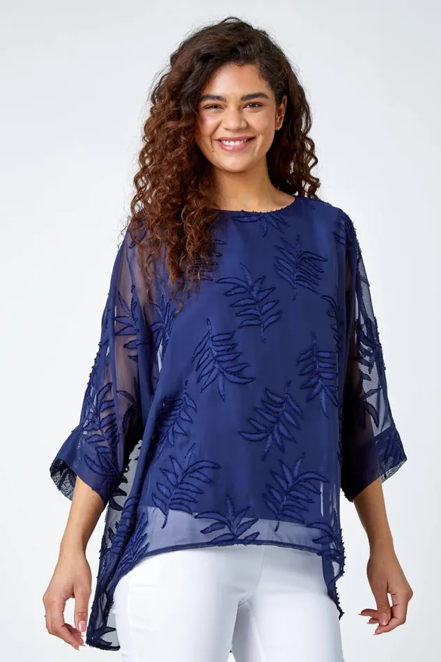 Women Navy Leaf Burnout Print Chiffon Overlay Top Roman Tops