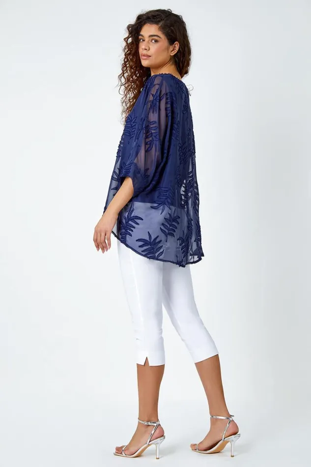 Women Navy Leaf Burnout Print Chiffon Overlay Top Roman Tops